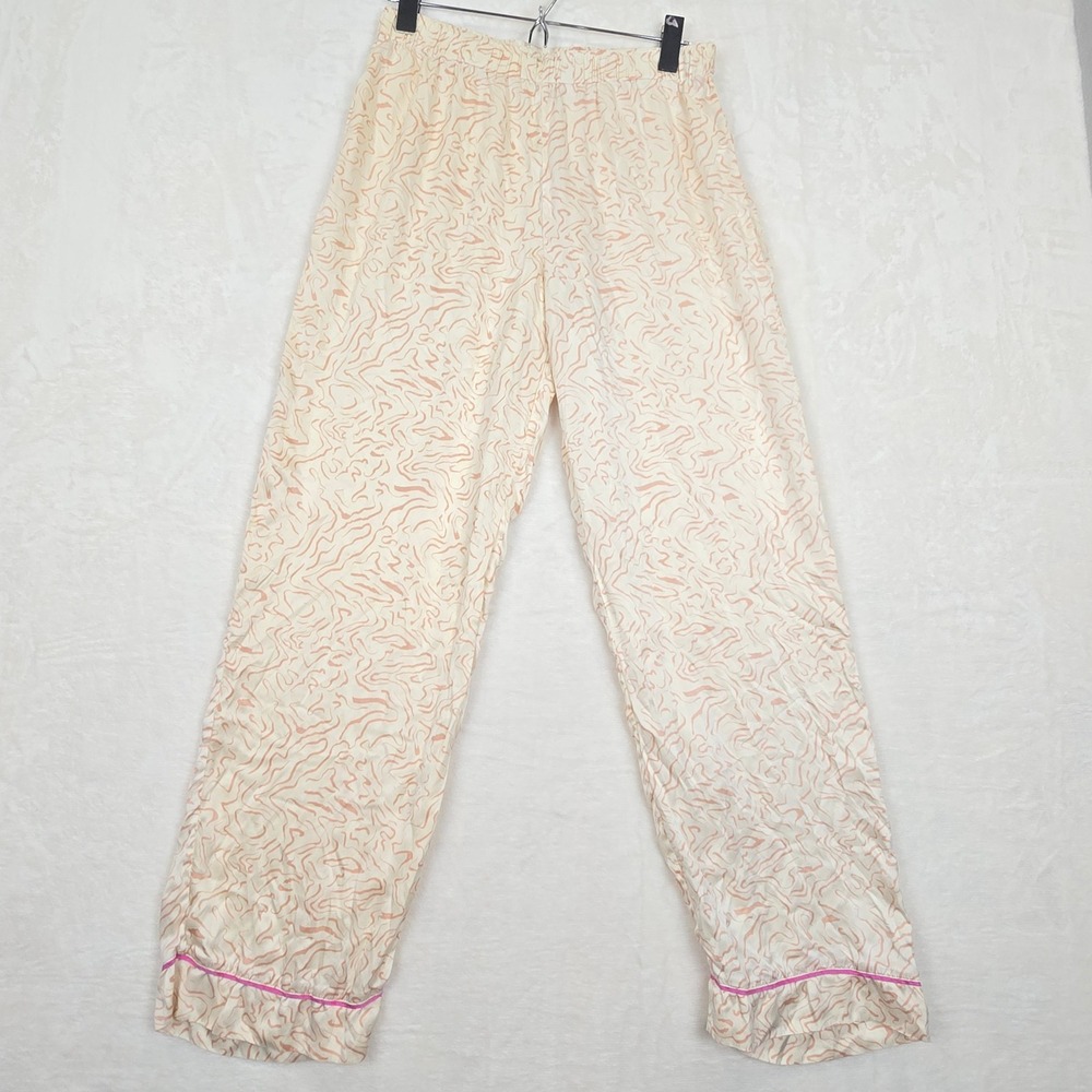 Eberjey 100% Silk Pajama Pants Small Ivory Peach Marble Swirl Ruffle Hem Pink